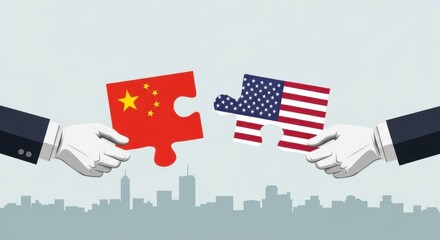 Hands holding puzzle pieces of china and usa flags against a cityscape backdrop