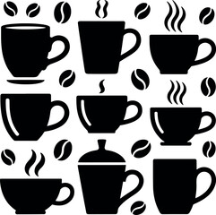 Obraz premium Seamless Coffee Pattern with Black Coffee Cups and Coffee Beans on White Background Modern Graphic Design Element