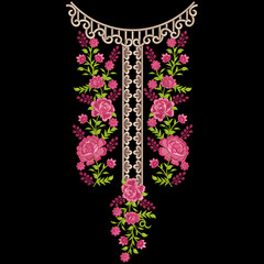 Obraz premium Indian traditional artwork embroidery Neckline design illustrated Multi ethnic flowers and leafs leaves with trendy embroidered ornaments and motifs Bunches.