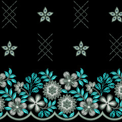 Embroidery border lace seamless pattern with beautiful flowers. Handmade floral ornament on dark background. Embroidery for fashion products. Elegant tiled design.