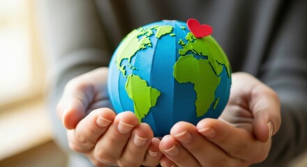 A person holding a paper globe with a red heart on top in their cupped hands close up
