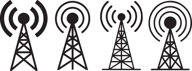 "Black and white communication tower icons with wireless signal waves, vector illustration of radio antenna transmitting data, mobile network broadcast and telecommunication design"