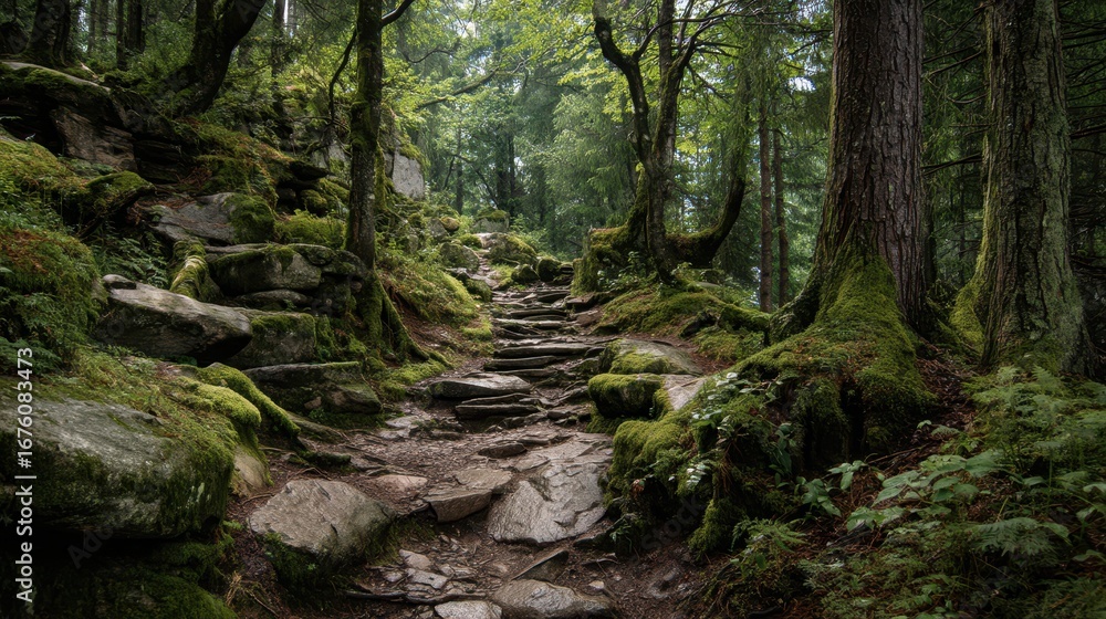 Poster ancient forest trail with broken stone pathway surrounded by trees