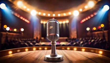 close up of retro microphone on stand with empty karaoke stage in background surrounded by soft ambient lighting