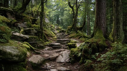 Obraz premium Ancient Forest Trail with Broken Stone Pathway Surrounded by Trees