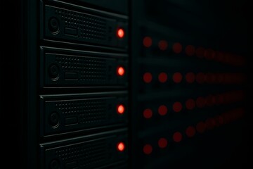 High-Performance Data Center Server Rack with Red LED Indicators