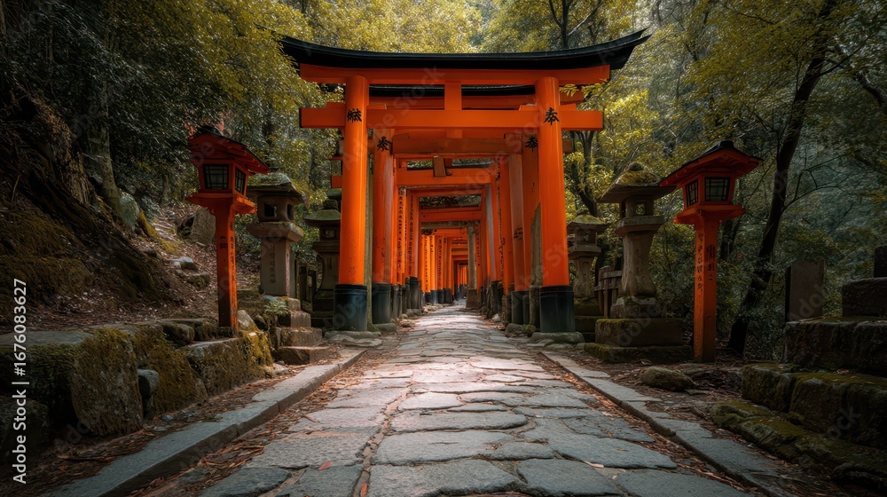 Poster ancient pathway lined with torii gates in serene forest setting