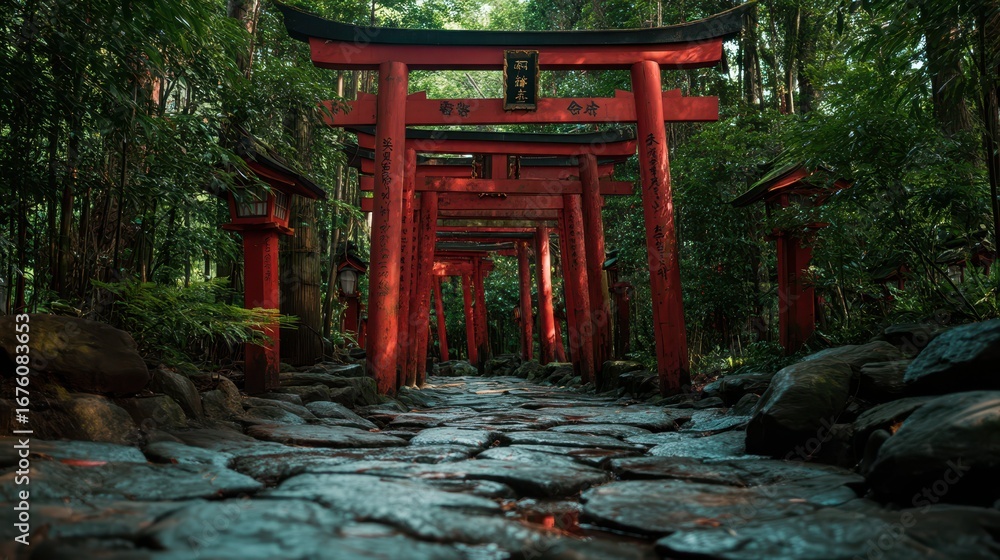 Poster ancient pathway lined with red torii gates in serene forest setting