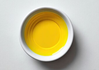 Top-down view of a small, round, white bowl filled with bright yellow liquid