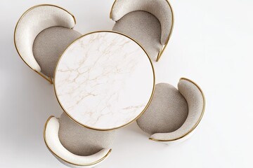 Four chairs arranged around a round marble table, top-down view.  Beige upholstery, gold accents, and a light beige/white marble tabletop