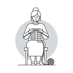 Illustration of a woman knitting while sitting on a chair with a ball of yarn.