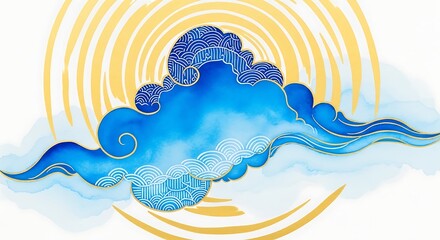 Watercolor painting of a blue cloud with a yellow sun.