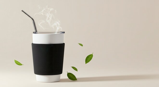 Reusable ceramic tumbler with fabric sleeve and metal straw; bright sustainable product hero with copy space for eco branding and cafe programs