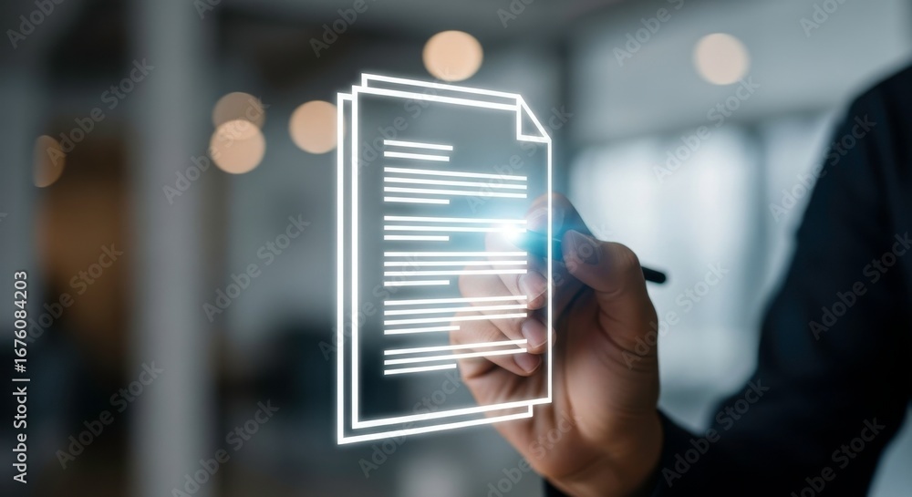 Poster a person holding a pen interacting with a digital document interface overlayed image