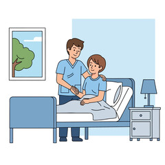 Caring male nurse comforting a female patient sitting in a hospital bed, showing compassion and support in a healthcare setting.