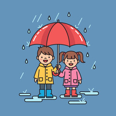 Cartoon illustration of a boy and girl sharing an umbrella in the rain.