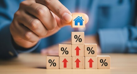 Hand placing house block on top of percentage and arrow blocks pyramid structure
