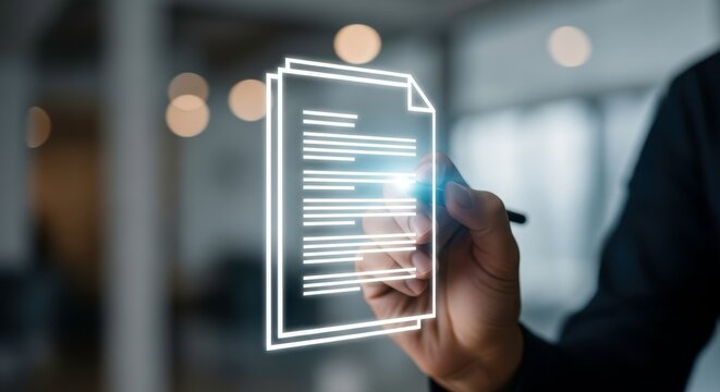 A person holding a pen interacting with a digital document interface overlayed image - Powered by Adobe