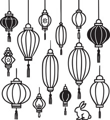 Chinese lantern and rabbit silhouette set in black vector style for Lunar New Year, Mid-Autumn Festival, and cultural design themes