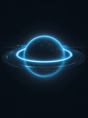 Futuristic glowing neon planet with rings in space on dark background.