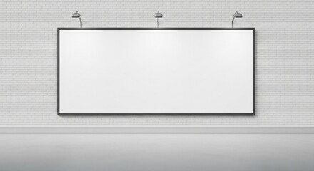 Obraz premium Blank white billboard with black frame mounted on a white brick wall with spotlights.
