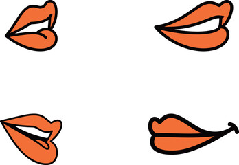 Set of Cartoon Mouths and Lips in Various Expressions. Orange and Black Lips with Different Smiles and Poses.