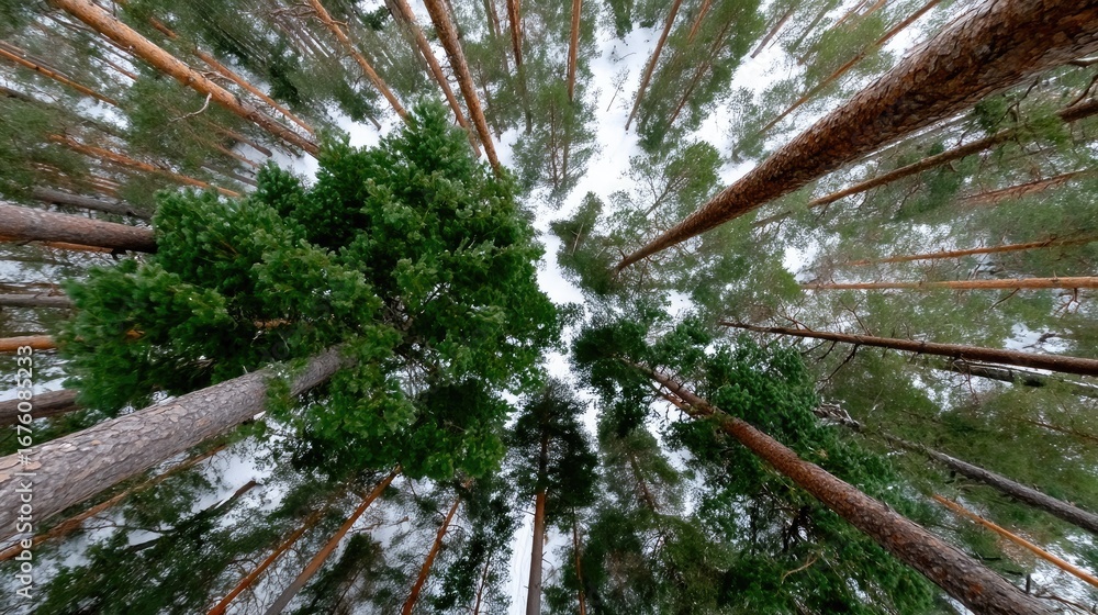Aufkleber view of tall pine trees towering above with a canopy of green and hints of blue sky visible during a