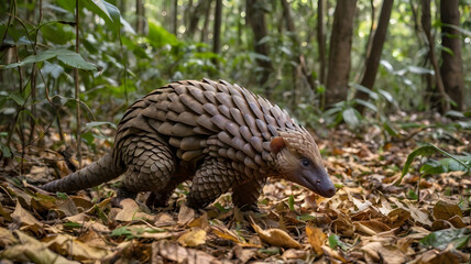 Fototapeta premium A mother pangolin carefully carries her young on her back as they slowly move through dense undergrowth covered in fallen leaves. 