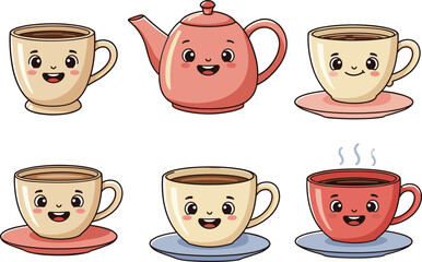 Cute Cartoon Tea and Coffee Cups, Smiling Cups, Kawaii Teapot, Hot Drink Illustrations, Fun Cup Characters, Coffee and Tea Lovers, Happy Beverage Icons