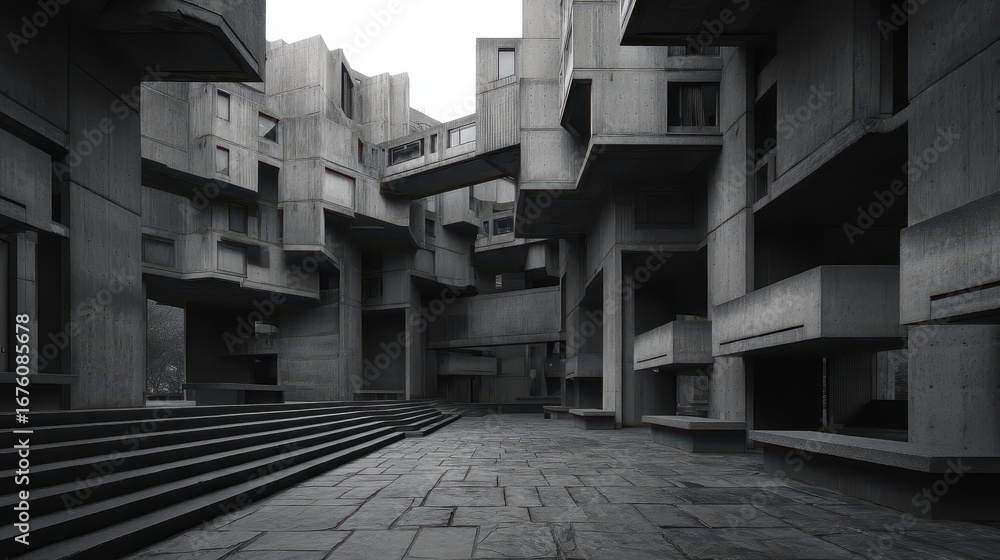 Poster intriguing brutalist architecture featuring maze-like structures