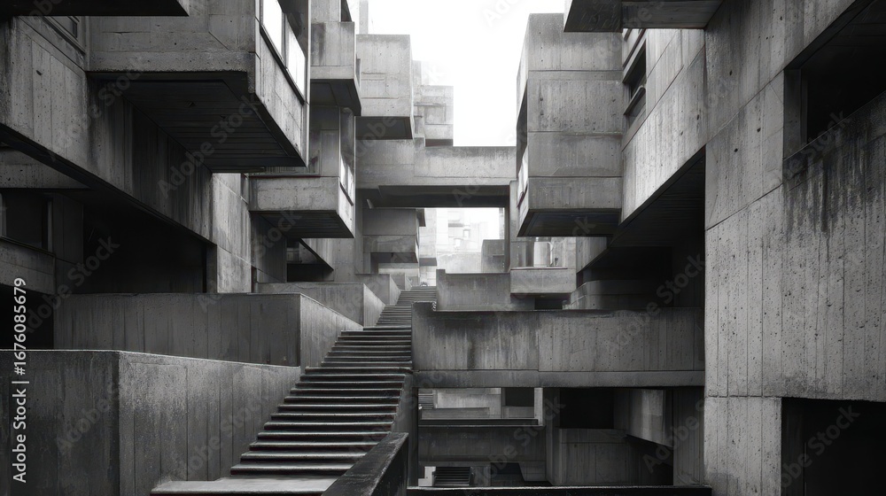 Poster abstract brutalist architecture maze in monochrome concrete structures