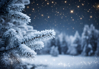 Snow covered pine tree branch in foreground with sparkling stars and winter forest landscape at night
