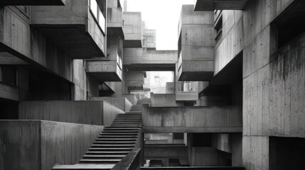 Abstract Brutalist Architecture Maze in Monochrome Concrete Structures