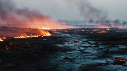 Fototapeta premium Scorched Battlefield with Burning Ground and Cracked Earth in Dusk Light
