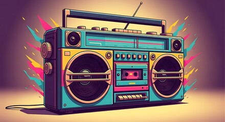 Retro Boombox with Colorful Sound Waves.