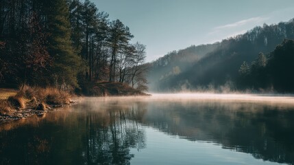 Serene Morning Lake with Gentle Steam and Surrounding Nature