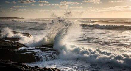 Powerful Ocean Waves Crashing Against Rocky Coastline at Sunrise