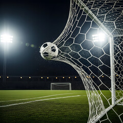 Soccer Ball Scoring a Goal, Tangled in the Net with Stadium Lights in the Background football sport
