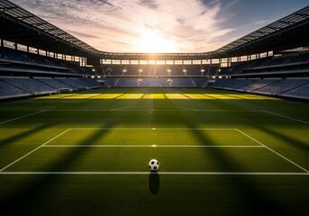 Soccer ball on a stadium field at sunset with dramatic light rays and shadows football