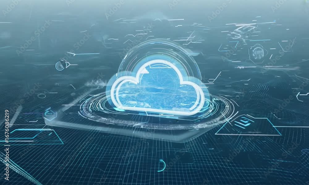 Poster a light blue cloud icon with concentric circles on a blue grid background in a digital rendering