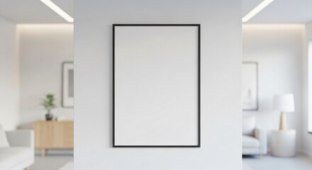 Minimalist Black Frame Mockup on White Wall in Bright Modern Interior.