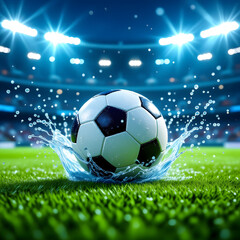 Fototapeta premium Soccer ball splashing water on a vibrant green field under stadium lights football water splash