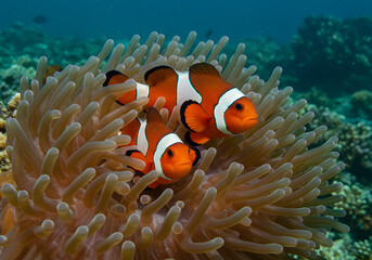 Two Vibrant Clownfish in Sea Anemone