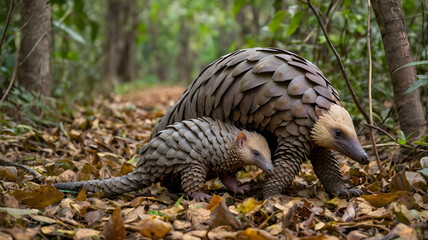 Fototapeta premium A mother pangolin carefully carries her young on her back as they slowly move through dense undergrowth covered in fallen leaves. 