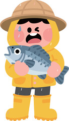 A cartoon fisherman in a yellow raincoat and hat holding a big, shocked-looking fish. Fishing and outdoor activity.
