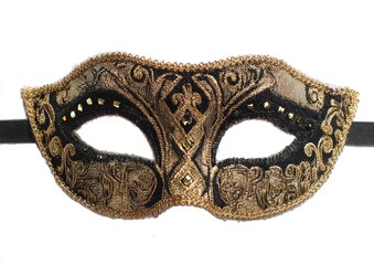 Ornate black masquerade mask with gold embroidery and embellishments