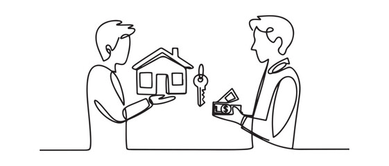 Continuous one line drawing buying house. Agent of real estate holding in hand house, key. Buyer, customer gives cash money. Vector black silhouette. with white background