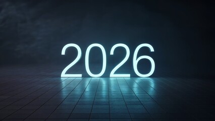 Glowing 2026 Stands on Tiled Floor. Conceptual for New Year, design, banner, future, or marketing in blue, modern style.