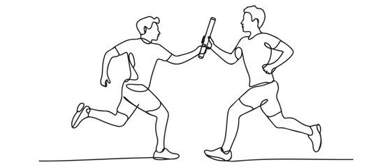 One continuous line drawing of young sporty runner man pass baton stick to his team mate. Healthy lifestyle and fun jogging sport concept. Vector black silhouette. with white background