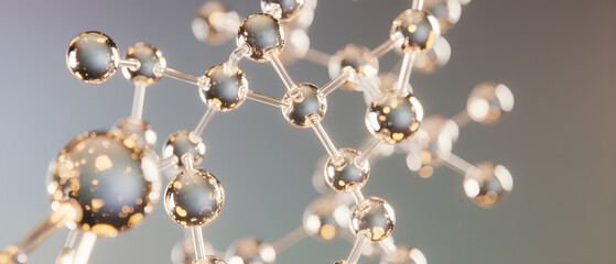 A close-up shot of interconnected molecules, showcasing their intricate structure with clear spheres representing atoms, reflecting light
